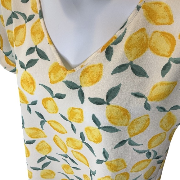 Pink Rose Lemon Print Blouse V-Neck Cuffed Sleeve Yellow Tunic Top Large L - Picture 5 of 9